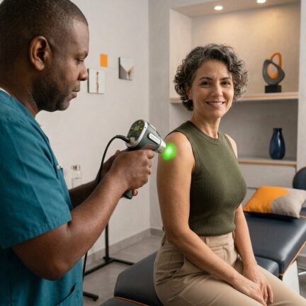 Aplicación de terapia física con láser avanzado para la rehabilitación y alivio del dolor muscular.