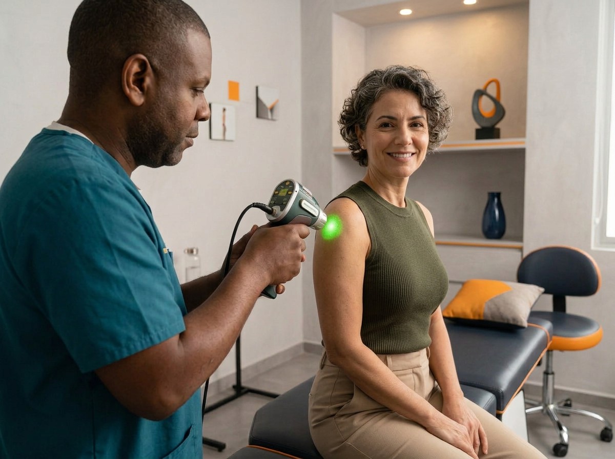 Aplicación de terapia física con láser avanzado para la rehabilitación y alivio del dolor muscular.