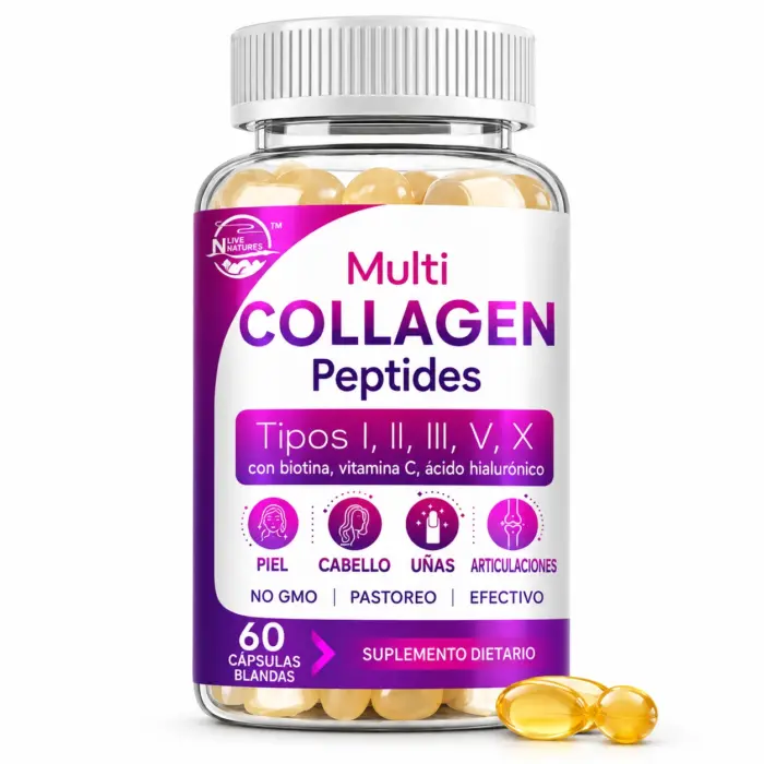 Live Nature's Multi Collagen Peptides – Colágeno 5 Tipos, 60 Cápsulas Blandas