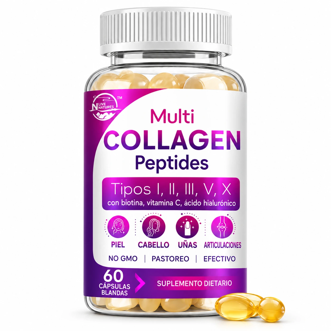 Live Nature's Multi Collagen Peptides – Colágeno 5 Tipos, 60 Cápsulas Blandas