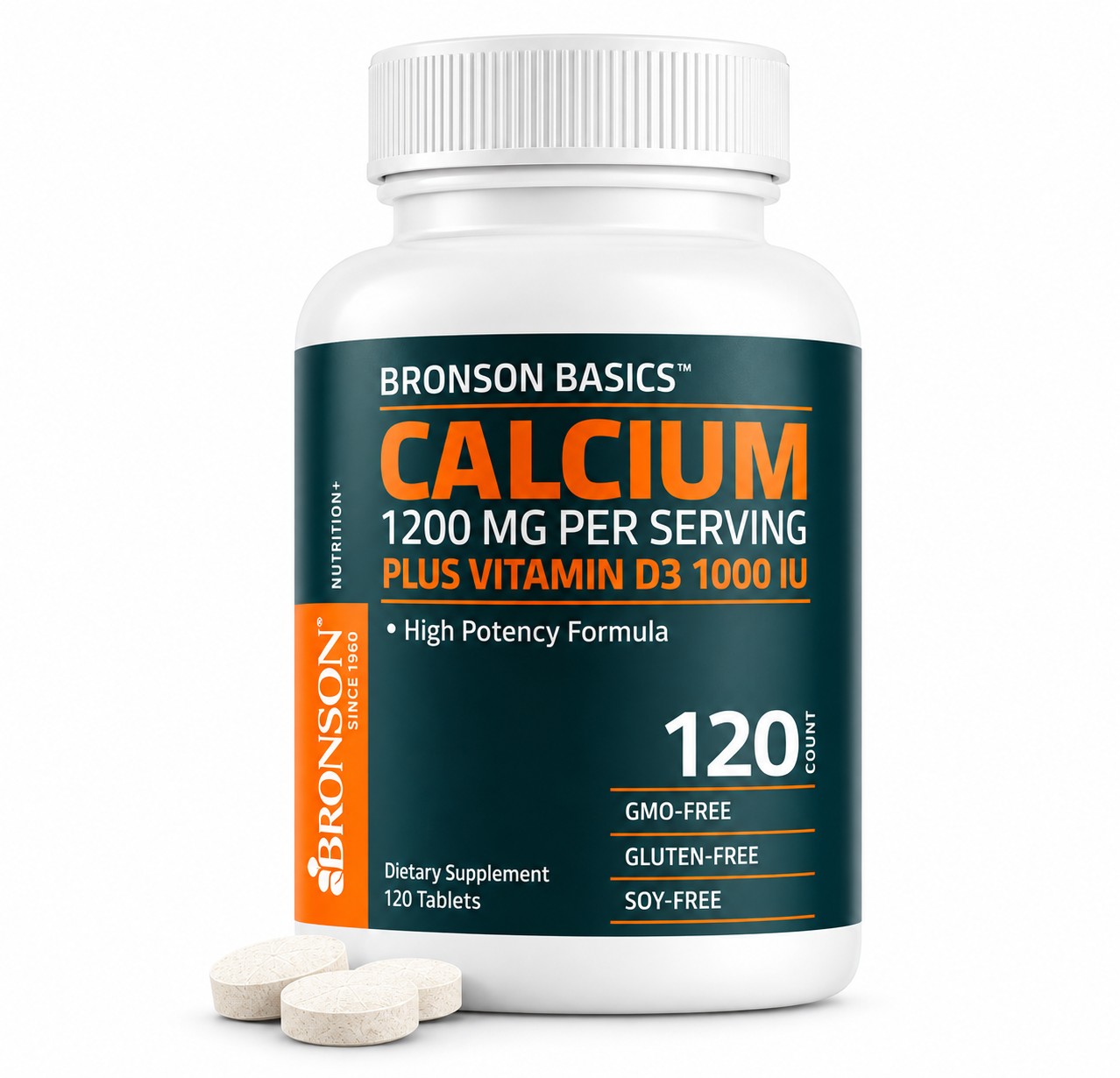 Bronson Basics Calcium 1200 mg + Vitamin D3 1000 IU – 120 Tabletas